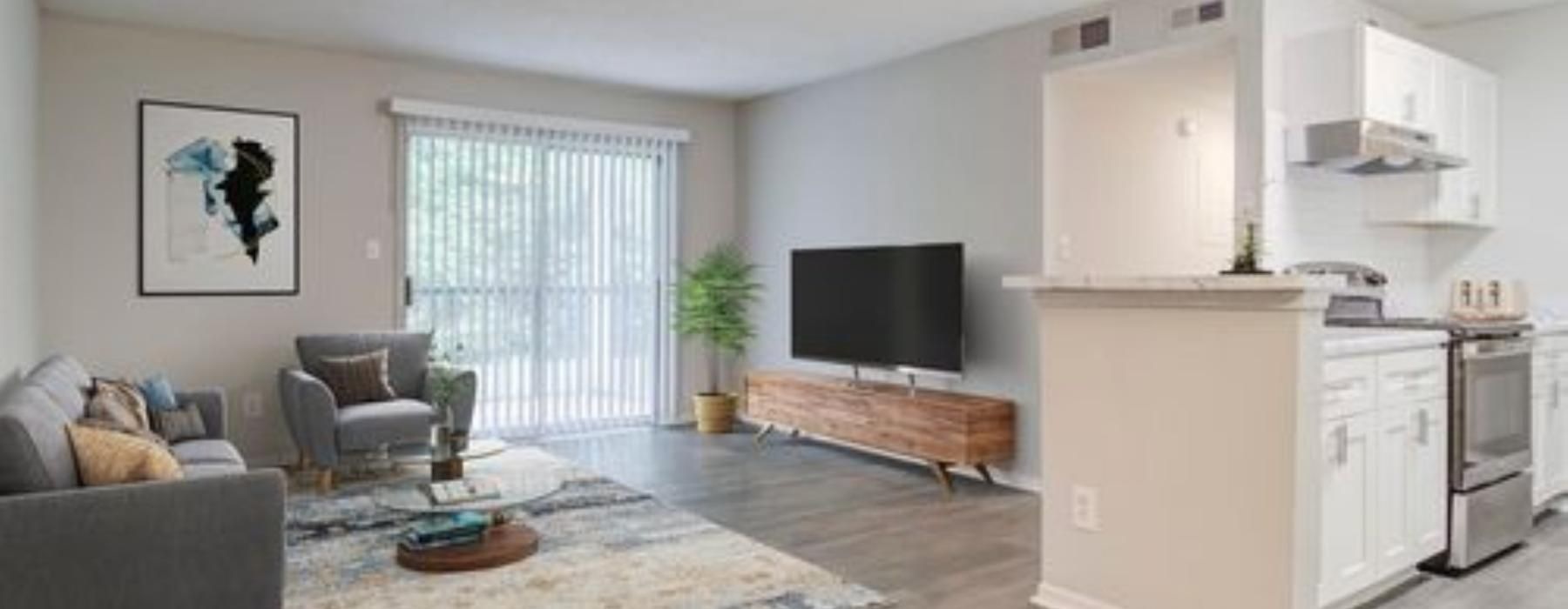 a living room with a tv and couches